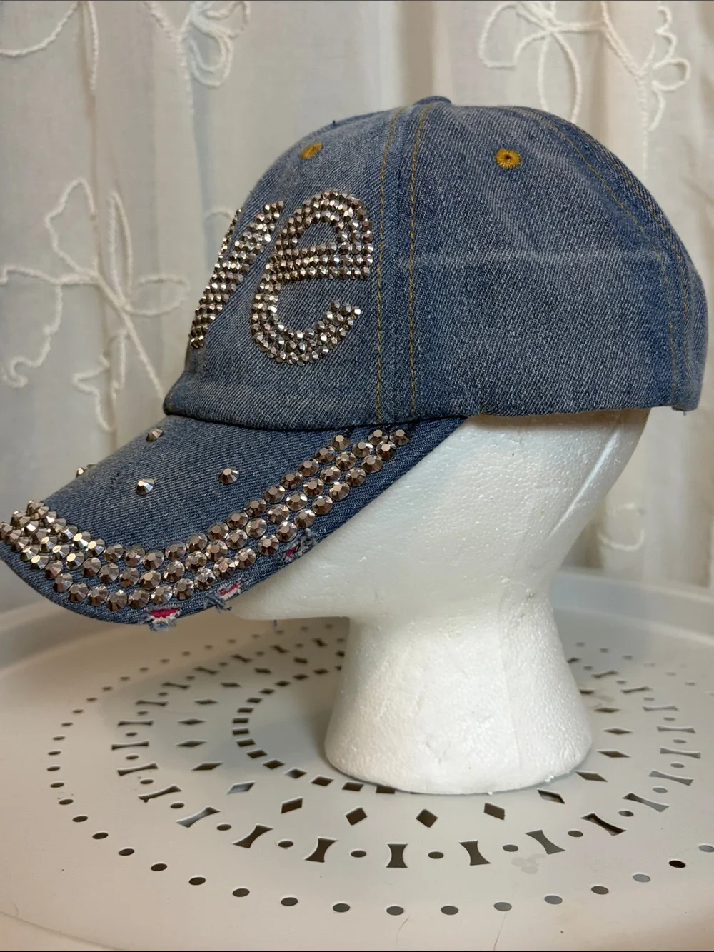 David and Young Distressed Denim and rhinestone stud Baseball Cap